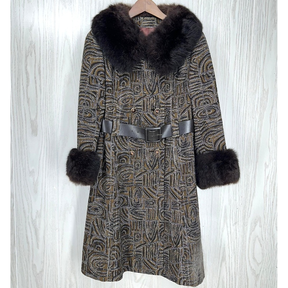 Vintage Midbrooke Womens Coat Small/Medium Brown Geometric‎ Wool Fur Trim Belted